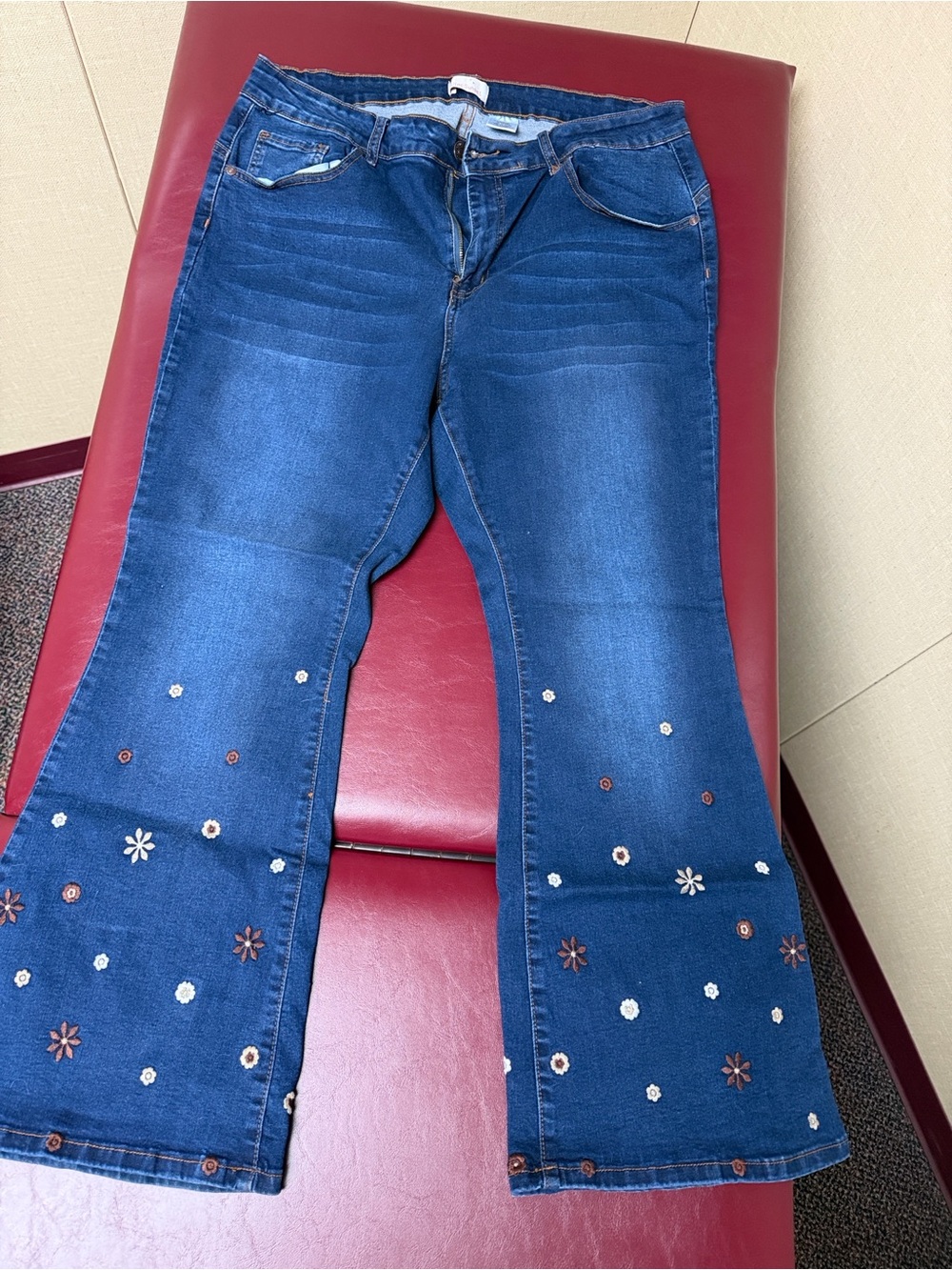 Lilac Clothing Dark Blue Floral Embroidered Flare Jeans